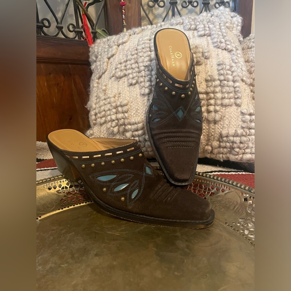 Cole Haan Morgan Chocolate Suede Leather Mules Studded Western Heel 9.5 B